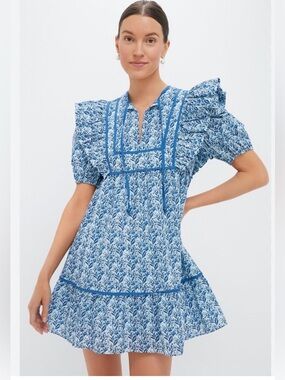 Blue Floral Print Puff-Sleeve Dress